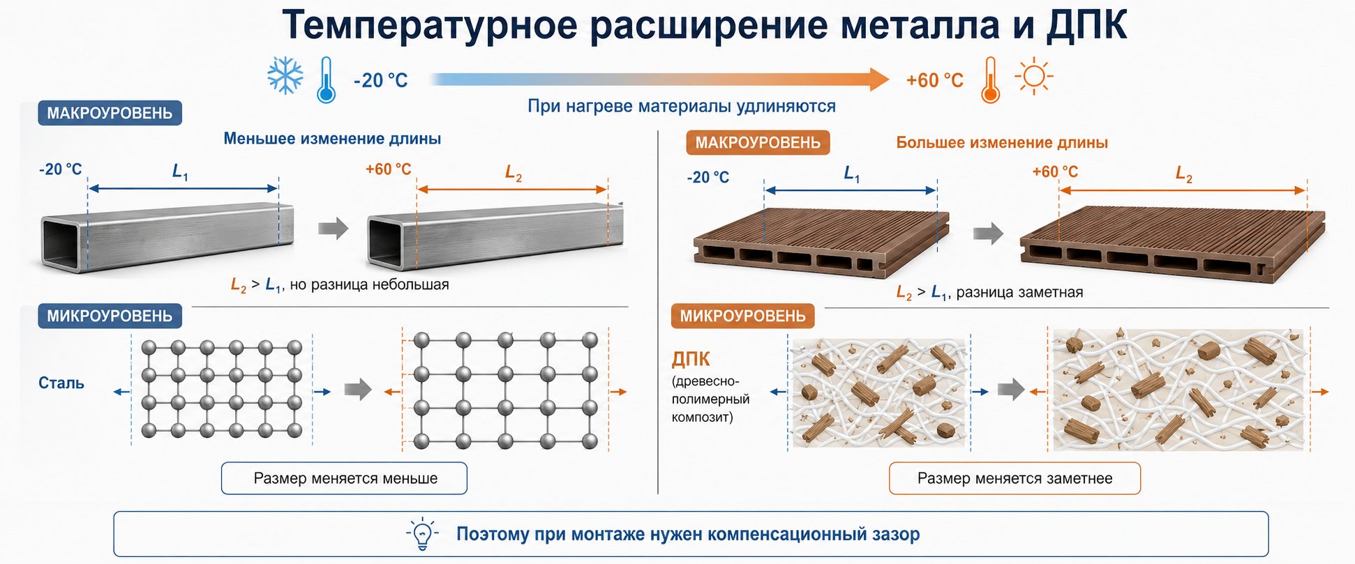 Температурное расширение металла и ДПК