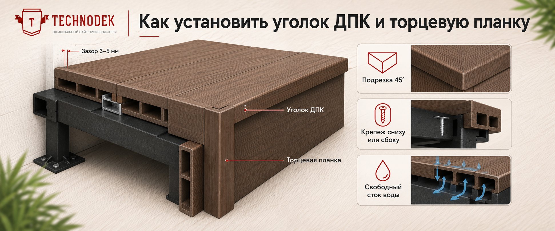 Как установить уголок ДПК и торцевую планку
