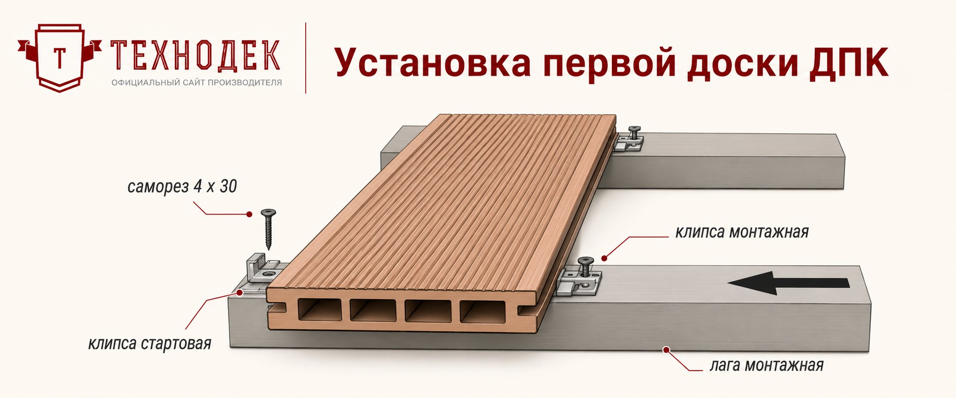 Установка первой доски ДПК